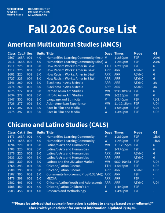 Fall 2026 Course List